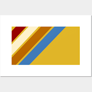 Retro, Vintage Diagonal Stripe Pattern, Crimson, Cream, Orange and Blue on Yellow Posters and Art